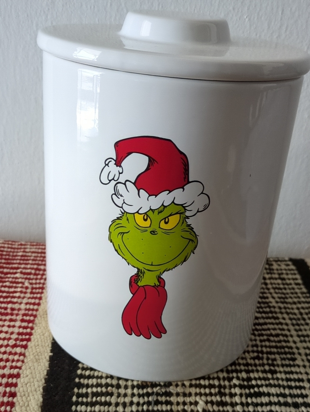 Dr. Seuss Grinch Ceramic Canister - White with Red & Green Graphic